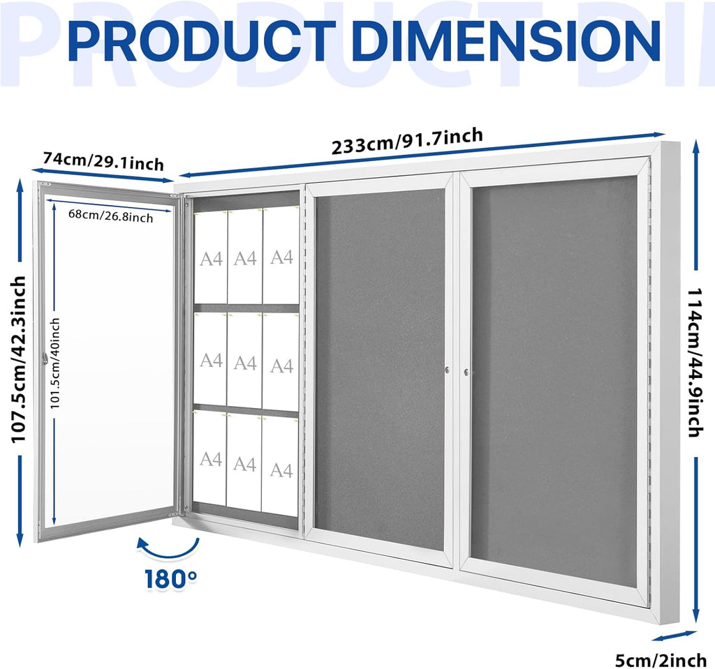 SWANCROWN Outdoor Bulletin Board 94x48in, Enclosed Bulletin Board with Locking Door for Office School Commerce, Grey Felt, Sliver Aluminum Frame
