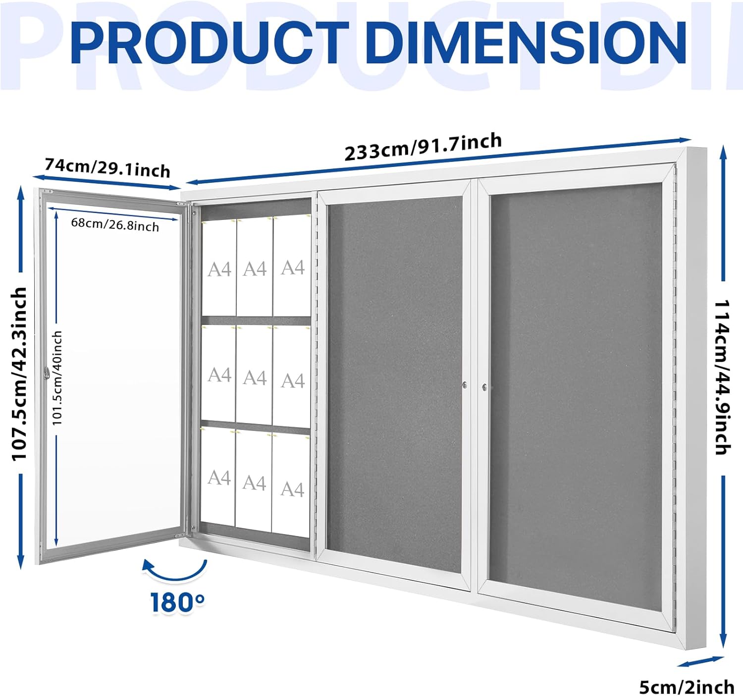 SWANCROWN Outdoor Bulletin Board 94x48in, Enclosed Bulletin Board with Locking Door for Office School Commerce, Grey Felt, Sliver Aluminum Frame