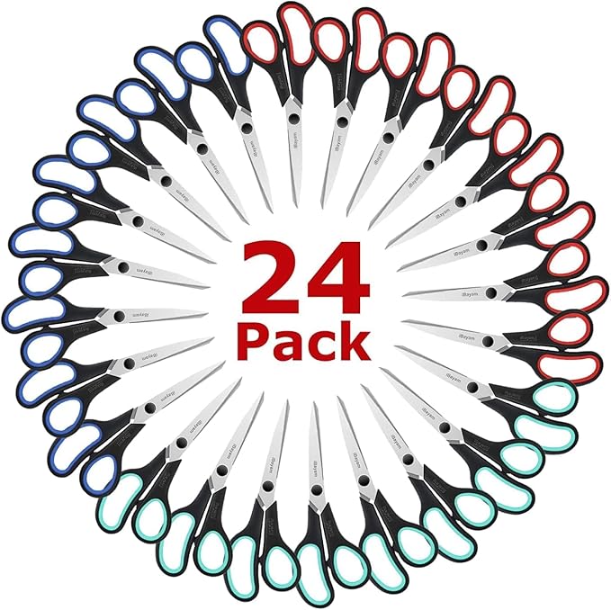 School Scissors Set of 24-Pack, 8" Scissors All Purpose Comfort-Grip Handles Sharp Scissors for High/Middle School Student Teacher Scissor, Office Home Sewing Fabric Supplies, for Right Left Handed