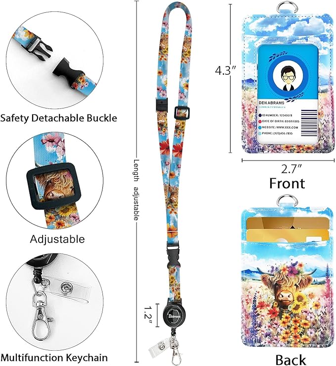 bolimoss Highland Cow Badge Holder and Adjustable Retractable Lanyards, Cute Lanyard for ID Badge Card, Breakaway Neck Lanyards with Badge Reels Quick-Release Buckles with Leather Card Badge Holders