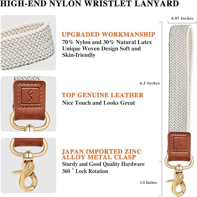 Fishent Stretchy Wristlet Keychain,Braided Cute Wrist Lanyards for Keys, Key Chain Holder for Women Men, Wrist Strap Keychain for Car Keys Phone Camera Wallet ID Badges Card (Starlight)