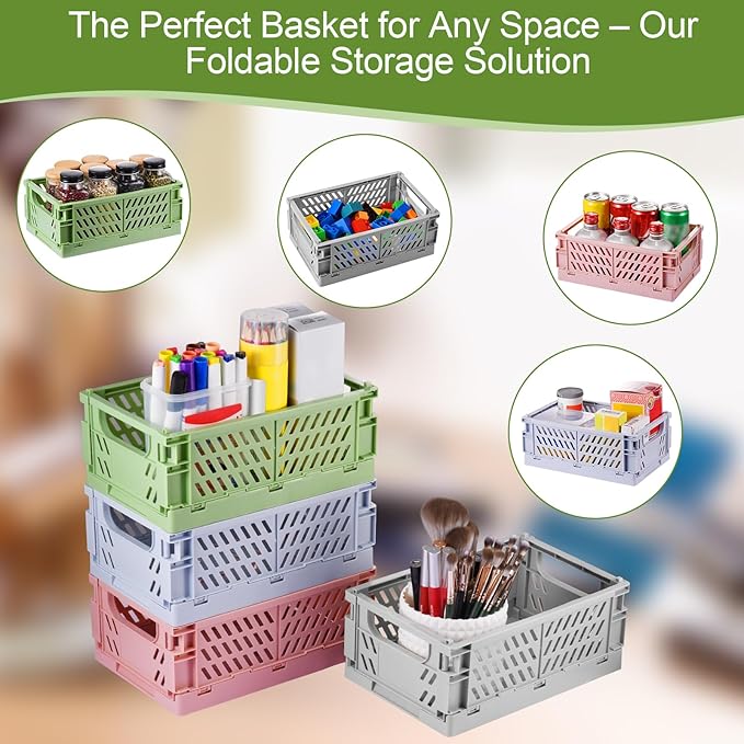 4-Pack Small Pastel Plastic Storage Baskets, Collapsible Crates for Organizing, Space-Saving Mini Bins for Classroom, Kitchen, Office, Bedroom (Grey, 9.8" x 6.5" x 3.8")