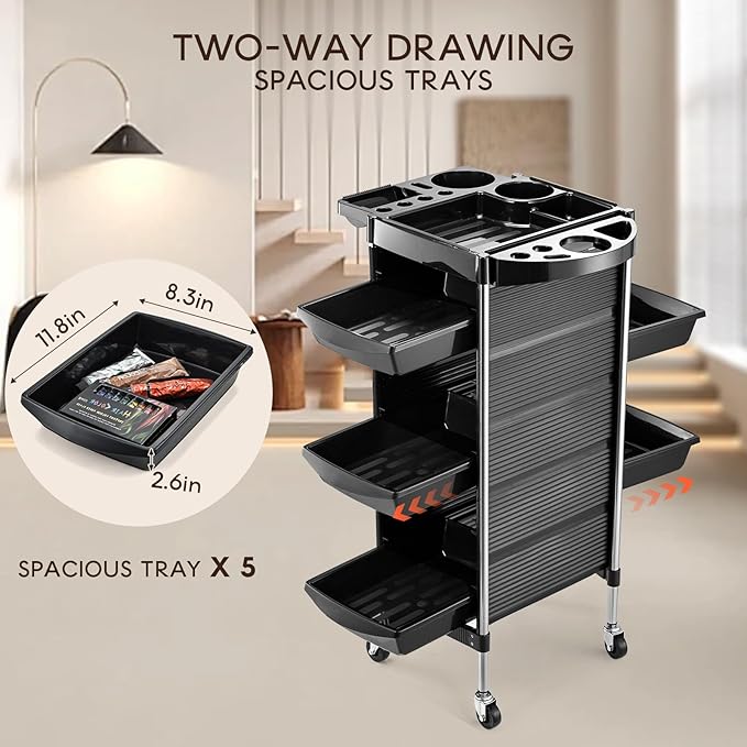 Salon Trolley Cart for Hair Stylist, Beauty Rolling Hair Salon Cart Rack with Worktop, Portable Salon Station with 5 Drawers, Professional Beautician’s Equipment Cart with Wheels for Salon/Spa/Tattoo
