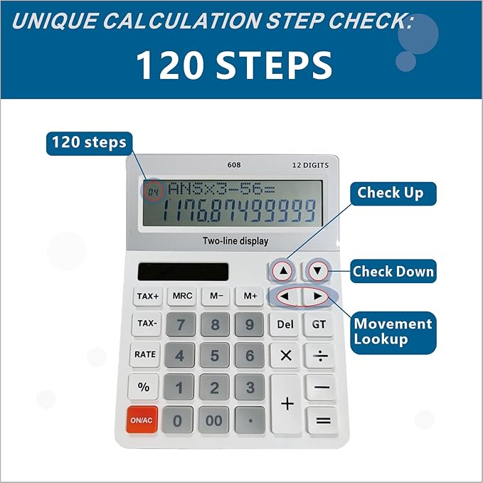 Battery and Solar Unique 120-Step Calculation Check Memory 12 Digit 2 Line and 5.5" LCD Display, Configurable Tax Rate Financial Calculator for Tax Calculations(Only 1 AAA Battery is Needed)