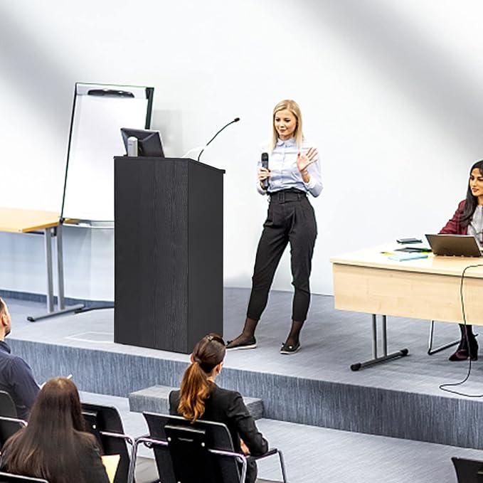 VEVOR Speaker Podium, 47-inch Mobile Lectern with 4 Casters, Wooden Presentation Stand with Shelves, Angled Top, for Church, Office, School, Home Use, Black