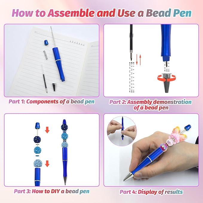 15 Pieces Beadable Pens - Beaded Pens Plastic Diy Black Ink Ballpoint Pens Bulk - Bead Pens Suitable For Teacher, Students, Office, School, Graduation Gift Supplies（Blue）