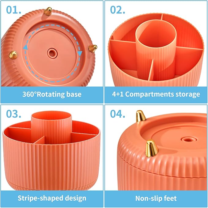 Marbrasse Desk Organizer, 360-Degree Rotating Pen Holder for Desk, Desk Organizers and Accessories with 5 Compartments Pencil Organizer, Art Supply Storage Box Caddy for Office, Home （Orange）