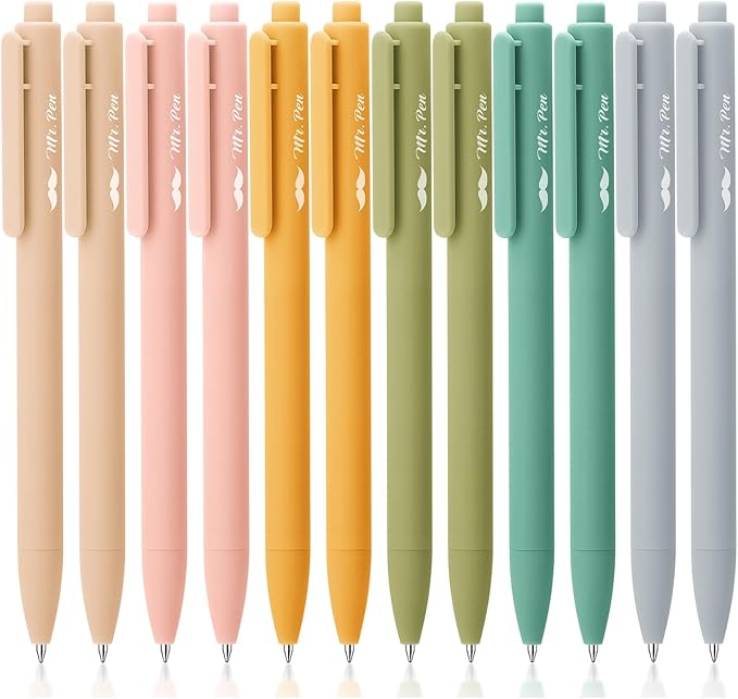 Mr. Pen- Retractable Gel Pens, 12Pack, Black Ink, Natural Vintage Color Barrel Gel Pens, Gel Pens Fine Point 0.5mm, Retractable Pens, Cute Pens, Gel Ink Pens, Aesthetic Pens for Journaling