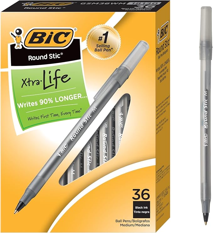 BIC Round Stic Xtra Life Ball Point Pen; Black; 36 Pack