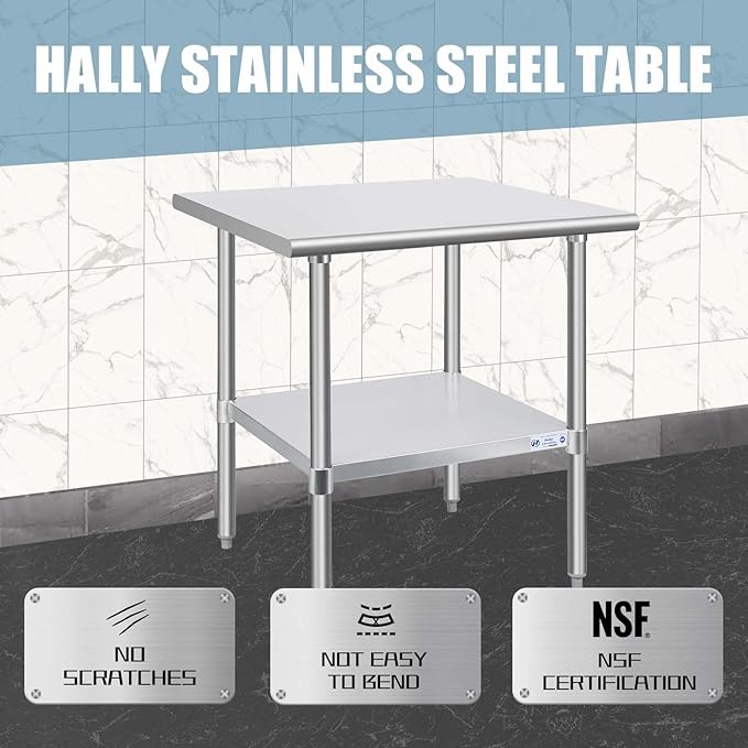 Hally Stainless Steel Table for Prep & Work 30 x 30 Inches, NSF Commercial Heavy Duty Table with Undershelf and Galvanized Legs for Restaurant, Home and Hotel