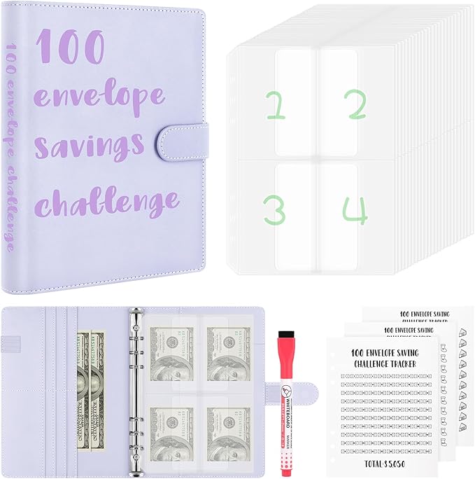 100 Envelopes Challenge Binder, A5 Money Saving Budget Binder with Upgraded Cash Envelopes & Pen, Budget Savings Challenge Book to Save $5,050, 3 Reusable Laminated Saving Challenge Tracker Included