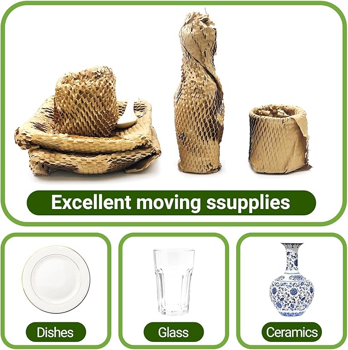 Dish Packing Kit Moving Supplies 15" *660' Honeycomb Wrapping Paper, Large Recyclable Expandable Bubble Cushion Wrap Roll Packing Material for Fragile Items Plate Glassware Bottle, 80GSM