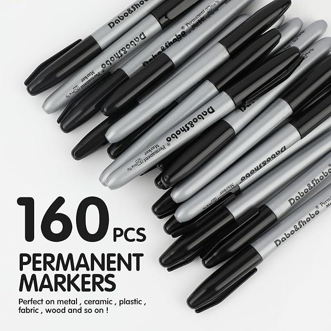 Dabo&Shobo Permanent Markers, 160 Pack Black Permanent Markers Bulk, Fine Tip, Quick Drying, Waterproof Markers, Work On Wood, Metal, Plastic, Stone, Glass For Office School Home
