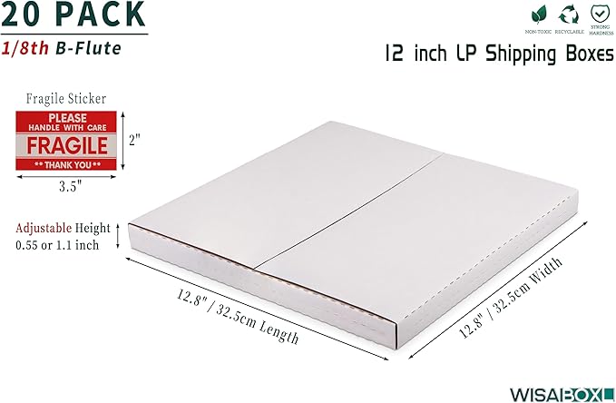 White Vinyl Record Mailers 12.8x12.8x1 Inch LP Mailing Corrugated Cardboard Boxes, Easy-Fold, Multi-Depth Album Shipping Boxes with Fragile Stickers, 20 Pack