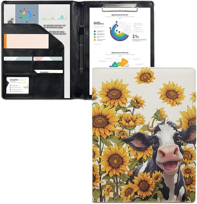 Cow Sunflower Printed Portfolio Folder Leather Padfolio with A4 Size Clipboard Clip for Business Resume Interview Document Sleeve Binder Folder for Men/Women