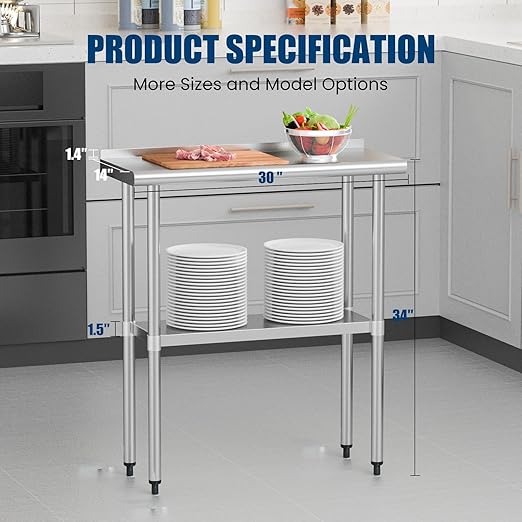 Stainless Steel Table 14 x 30 Inches Metal Prep Table with Backsplash & Adjustable Undershelf for Commercial Kitchen, Outdoor, Restaurant, Hotel & Garage