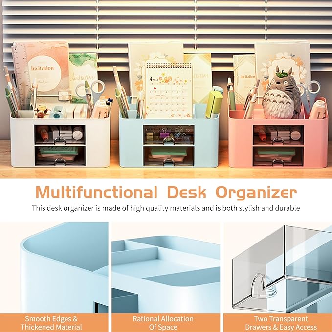 Pencil Pen Holder for Desk,2 Drawer Desk Organizers,5 Compartments Desktop Storage Stationery Supplies Organizer, Cute Pencil Cup Pot For Office, School, Home(Blue)