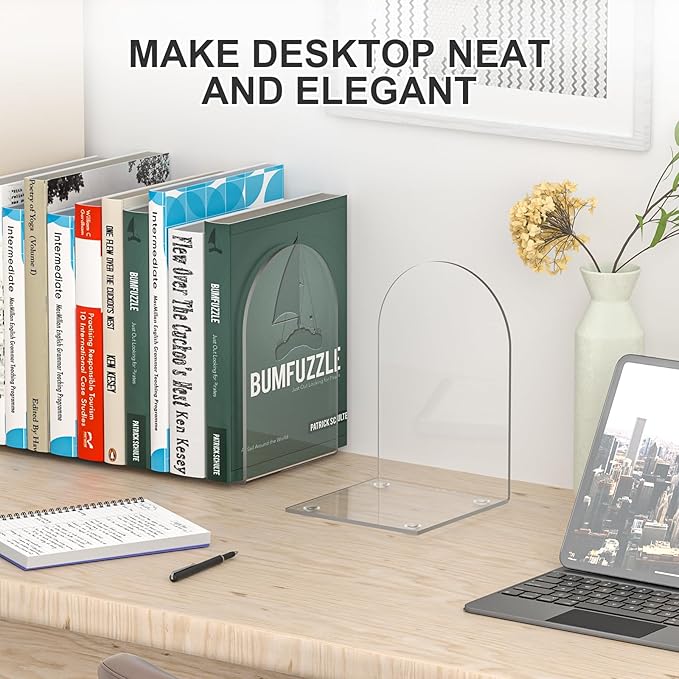 Acrylic Bookends 4 Pieces, Book Ends for Shelves, Clear Bookends for Book Shelves and Desktop Organizer, Transparent Bookends to Hold Books for Home Office Supplies