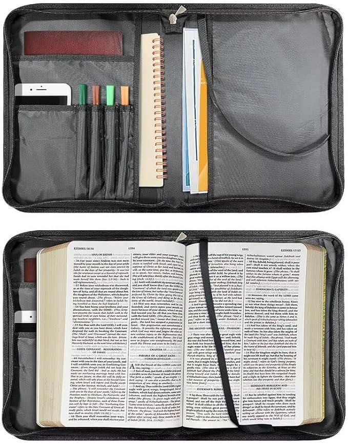 Lotusorchid American Flag Print Bible Case for Men, Zippered PU Bible Book Cover with Handle Pocket Portable Bible Cover Case Bible Cover Carrier Carrying Organizer Bag for Women, L