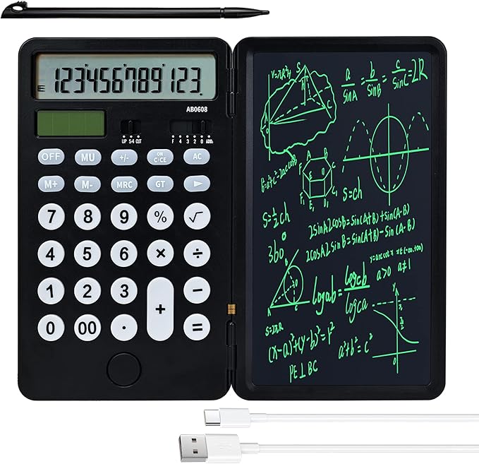 VEWINGL Calculator with Notepad,12 Digit Large Display Office Desk Calcultors,Dual Power Rechargeable and Solar 2 in1 Multi Function Calculator,Suitable for office,School,Home and Business use (Black)