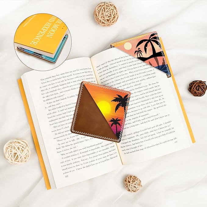 3 Pieces Leather Bookmarks, Personalized & Cute Book Accessories for Reading Lovers, Page Markers for Women Men Girls Boys Student Teacher Kids Retirement Birthday Gifts (Sunset, Coconut Trees)
