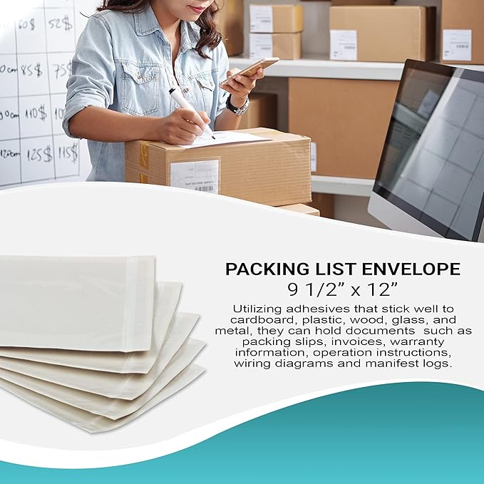 APQ Clear Top Loading Packing List Envelopes, 9.5 x 12 Inches. 500 Pack Packing Slip Envelope Pouches. Self-Seal Plastic Shipping Label Pouches. Durable Packing List Mailing Envelopes for Documents