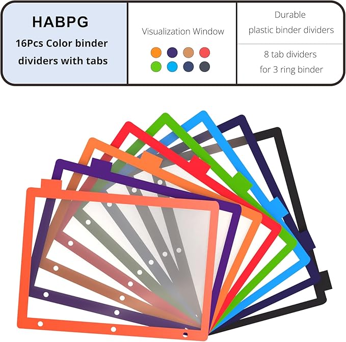 HABGP 16Pcs/2 Set 8 Tab Dividers for 3 Ring Binder, 16 Pcs Clear Color 3 Ring Binder Dividers with Tabs, Page Folder Dividers, Plastic Tabbed File Dividers with Tabs, Three Ring Binder Index Dividers