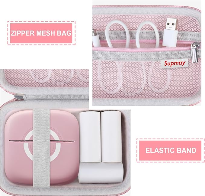 Hard Travel Case for Cabaro Mini Printer Sticker Thermal Printer, Bluetooth Portable Phone Printer Storage Holder Protection Case with Zipper Mesh Pocket fit Rolls Paper, Charging Cable, Pink