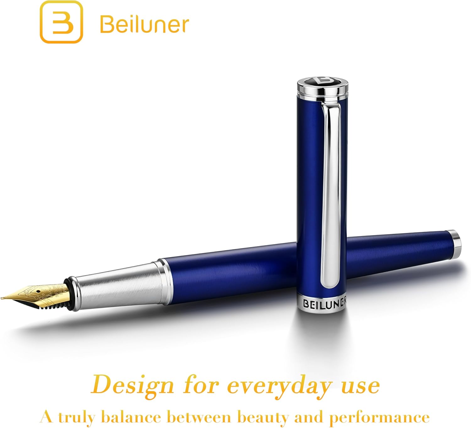 BEILUNER Luxury Fountain Pen Set,Solid 24K Gilded Fine Nib, Modern Classic Limited Edition -Includes 6 Ink Cartridges&Ink Refill Converter with Gift Case-Perfect for Men and Women（Charming blue）