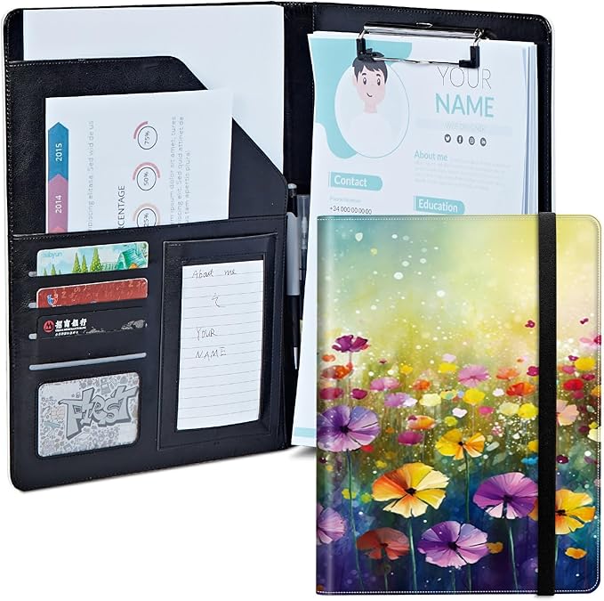 Wildflower Padfolio Folder with Clipboard,Portfolios Organizer Clipboards with Storage Clipboard Writing Pad PU Leather Conference Document Organizer with Business Card Holder
