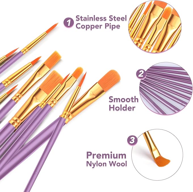 ESRICH Acrylic Paint Brushes Set, 8 Packs/80 Pcs, Nylon Brush Head, Suitable for Acrylic, Oil, Watercolor, Rock Body Face Nail Art,Perfect Suit of Art Painting(Purple)