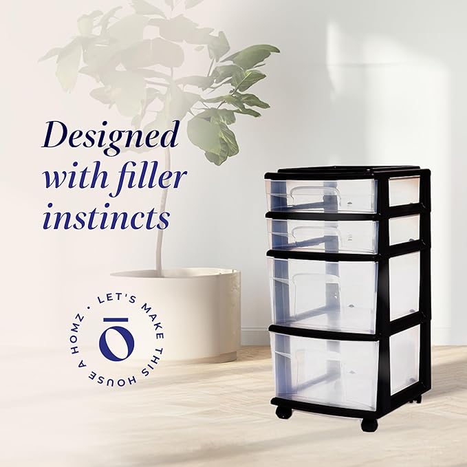 Homz Plastic 4 Clear Drawer Medium Home Organization Storage Container Tower with 2 Large Drawers and 2 Small Drawers, Black Frame (2 Pack)