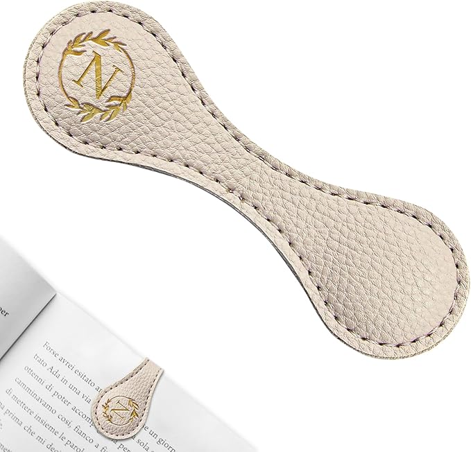 ABTOLS Magnetic Leather Initial Bookmarks, Vintage Initial ID Identification Book Marker Clip Gift Beige Capital Letter Book Markers for Book Lover Avid Readers (N)