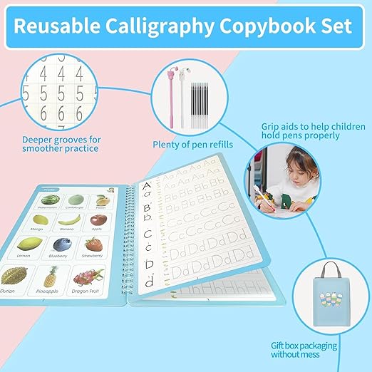 Reusable Grooved Handwriting Practice Workbook,Magic Practice Copybook,Reusable Writing Practice Book, for Preschool Kids Age 3-8 Calligraphy (Blue Bag, 10.3inx7.3in)