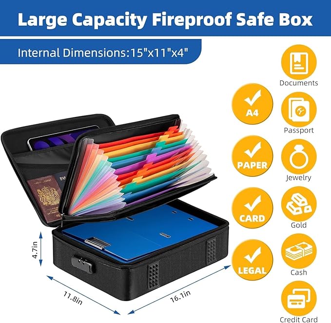 Fireproof Document Organizer Box, Fire Box Safe for Home Documents with Lock, Firesafe Waterproof Safe Box for Important Certificates Documents