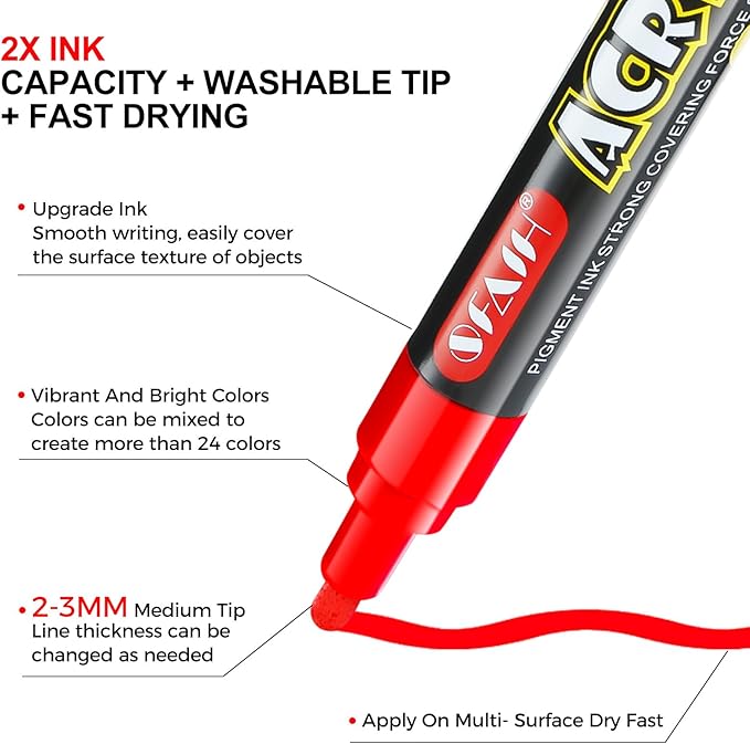 SFAIH Acrylic Creative Markers - 3mm Replaceable Nibs 24 Colors, Large Ink Capacity, Ultra-High Coverage, Non-Bleeding Water-Based Ink, Drawing Markers for Art Supplies, Wood, Fabric, Rock Painting