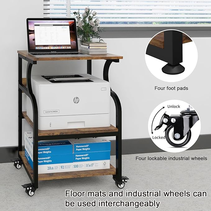 Natwind Large Printer Stand,24''x20''x29''Printer Table with Adjustable Storage Shelf,3 Tier Rolling Printer Cart with Wheels,Home Office Multifunctional Shelves for Heat Press,3D Printer (Retro)