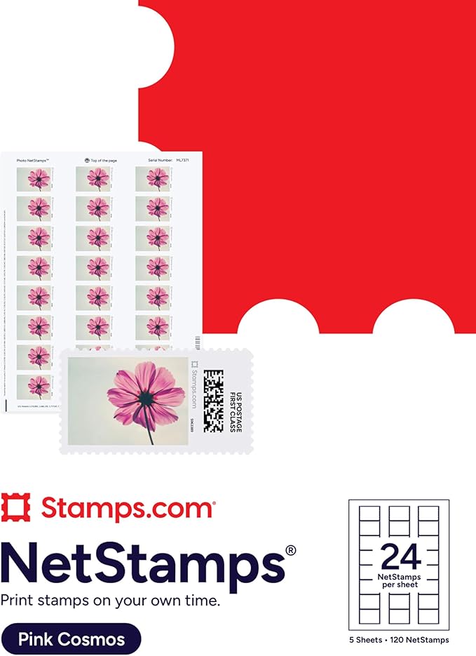 Pink Cosmos NetStamps 120-Pack (5 Sheets) Printable Postage Labels (Stamps.com Subscription Required) - Print Approved Postage - Inkjet & Laser Printers - Business, Personal, Home