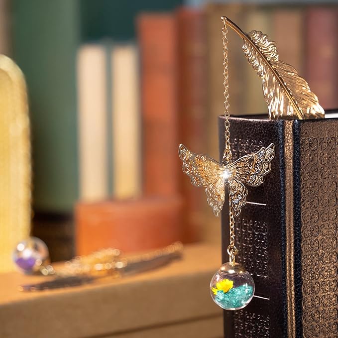 Toirxarn Gold Feather Bookmark with Butterfly Charm - Elegant Bookmarks for Women, Book Lovers Gifts, Book Marker for Reading, Teacher Appreciation Gifts, Unique Birthday Gifts, Stocking Stuffers