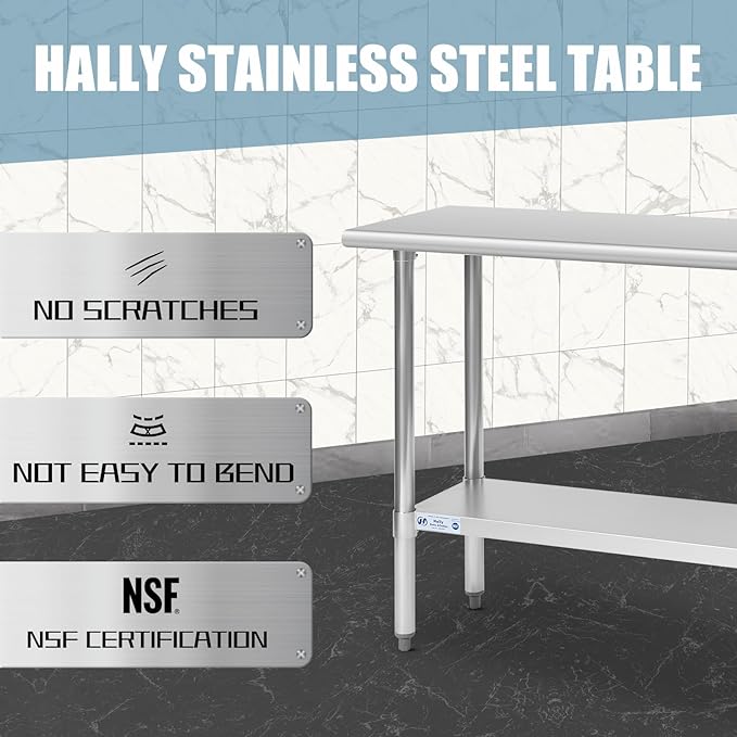 Hally Stainless Steel Table for Prep & Work 18 x 48 Inches, NSF Commercial Heavy Duty Table with Undershelf and Galvanized Legs for Restaurant, Home and Hotel