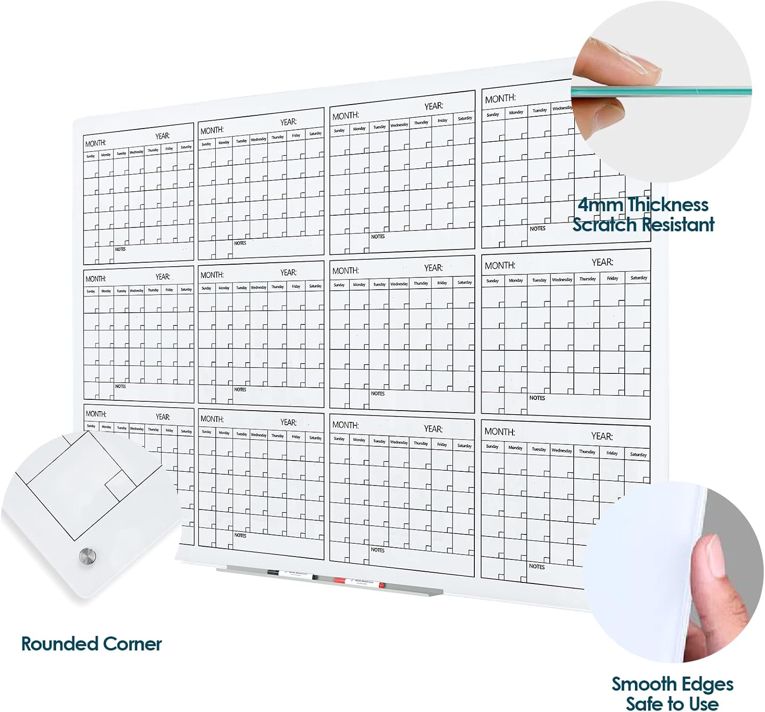 J&J worldwide Glass Whiteboard Yearly Calendar - 35" X 47" Large Wall Whitrboard - White Board Dry Erase Planner for Wall Home, School, Office