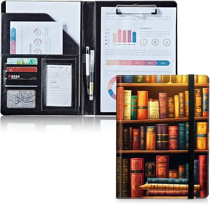 Padfolio Folder with Clipboard,Portfolios Organizer Clipboards with Storage Clipboard Writing Pad PU Leather Conference Document Organizer with Business Card Holder,Vintage Bookshelf