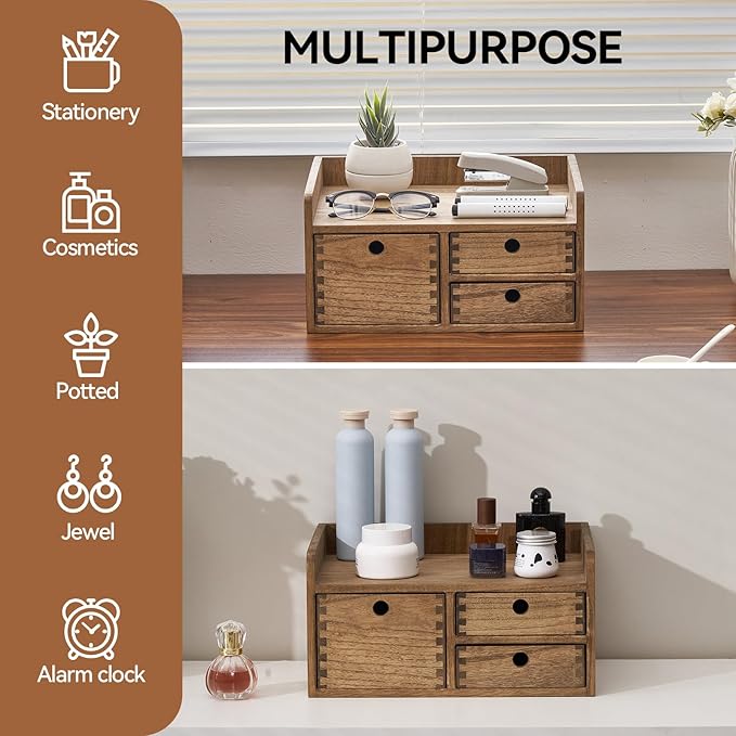 KIRIGEN Desk Organizer with 3 Drawers - Wood Drawer Storage Box with Trays for Tabletop - Workspace Office Toiletries Supplies Tool Caddy - Wooden Storage Cabinet1 Layer Dark Brown（DT1D3C-DBR）