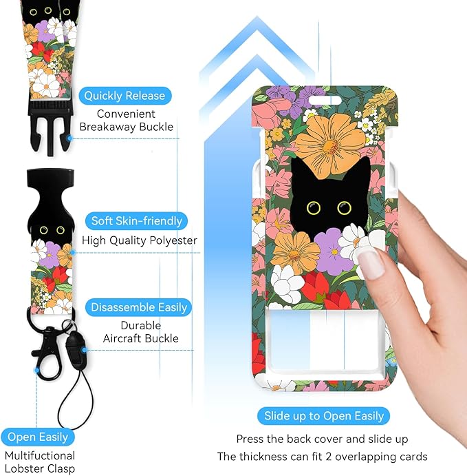 Cute Cat Hidden in The Flowers Badge Holder with Retractable Reel and Breakaway Lanyard，Badge Clips Retractable Heavy Duty Badge Reel，ID Holder with Breakaway Lanyard for School Nurse Office Teen ﻿