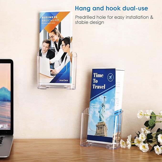 MaxGear Acrylic Brochure Holder, Premium Brochure Holder Stand 4 inches Wide Plastic Pamphlet Holder Wall Mount Clear Countertop Organizer Literature Holders Flyer Holder Plastic Display Stand(4Pack)