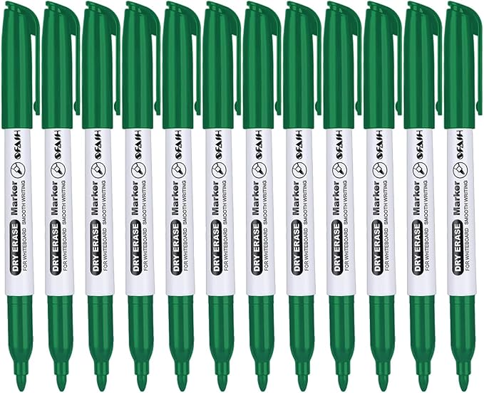 SFAIH Fine Tip Dry Erase Markers - 12 Pack Green Whiteboard Erasable Markers Bulk for Kids Adults, Ideal for Classroom School Office Home Use on White Board, Non-Toxic Easy Clean