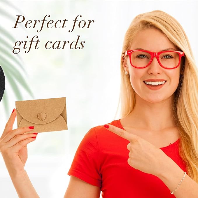 25PCS Mini Envelopes with 25 Blank Cards 4.1 x 2.8 inch Gift Card Holders Cute Tiny Envelopes with Heart Clasp for Gift Cards, Wedding Party Favors, Greeting Cards Mailing, Business Cards