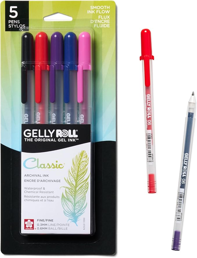 SAKURA Gelly Roll Gel Pens - Fine Point Ink Pen for Journaling, Art, or Drawing - Assorted Colored Ink - 5 Pack