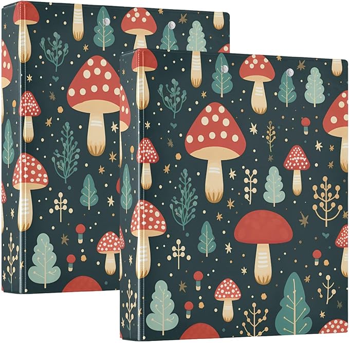 Cute Mushroom Red 3 Ring Binders with Clipboard File Folder for Office School with Pocket, 2 Pack, E01W24021