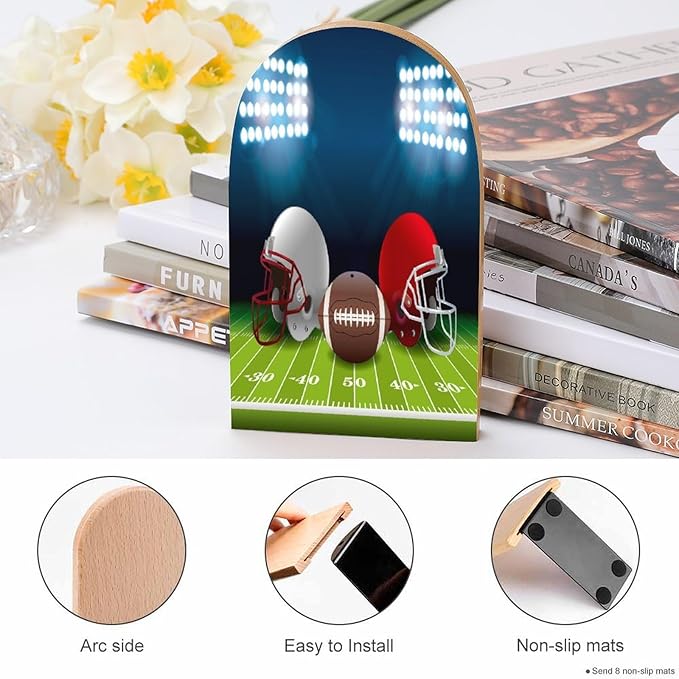 2 Pack Wood Bookends, Sport Ball Football Helmet Non-Skid Book Ends for Heave Books, Decorative Bookends for Shelves Desk, Book Stoppers Book Holders for Home Office Library School